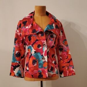 Floral Notch-Collar Blazer Jacket in Pink & Teal
